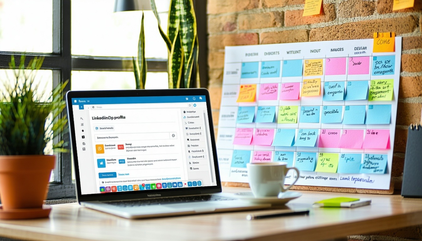 The image features a modern workspace with a laptop open to a LinkedIn profile page. Beside the laptop, there is a colorful editorial calendar on a wh